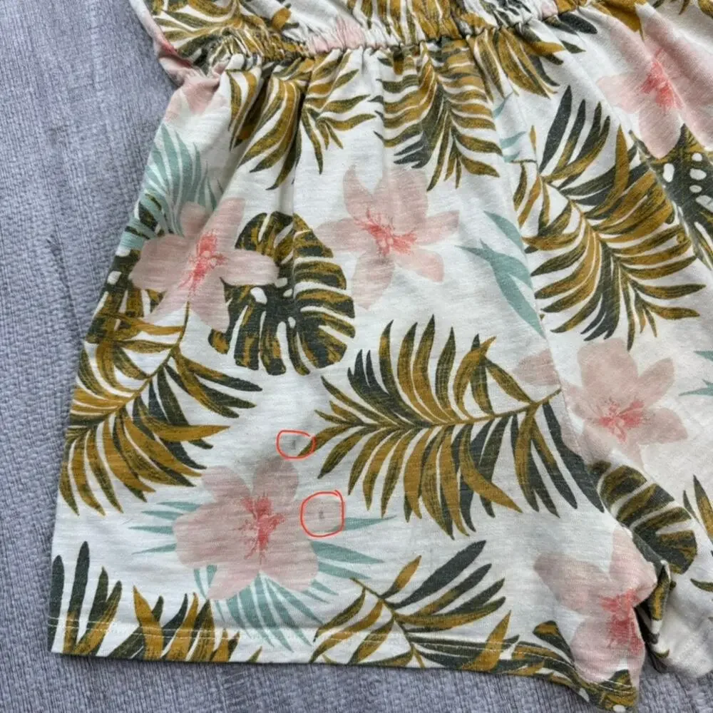 SO Girl's Cream Floral Palm Hibiscus Romper Sz L 10/12 Tropical Beachy Summer